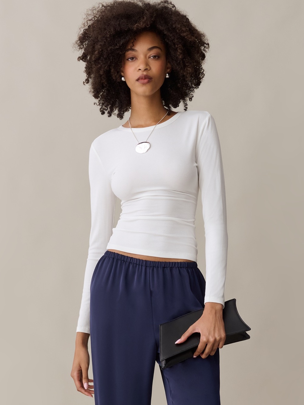 Women's White Long-Sleeve Fitted Crewneck Top NWT Small